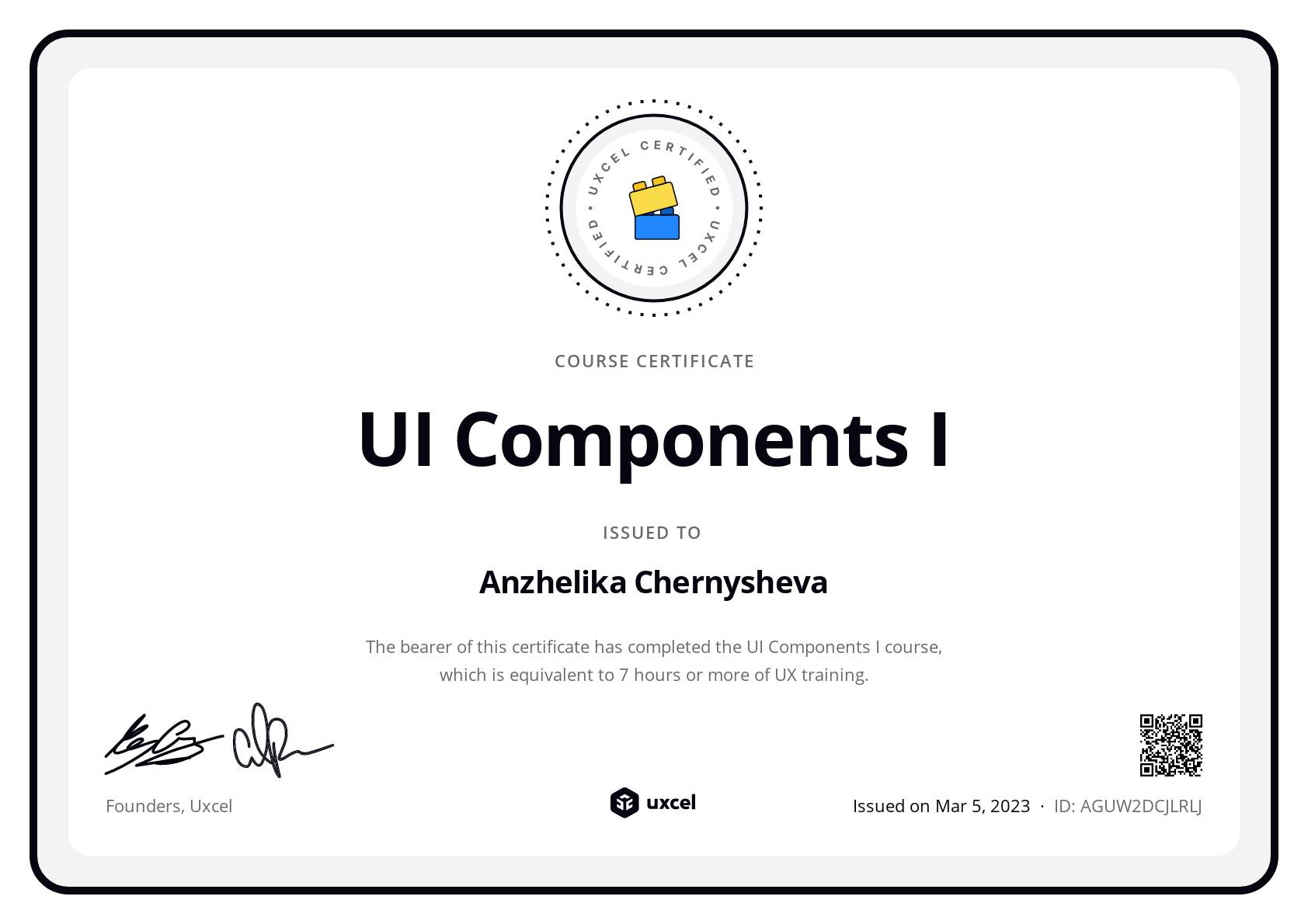 Anzhelika Chernysheva's certificate